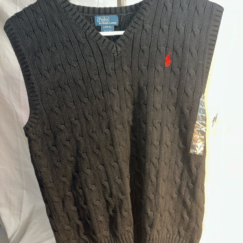 NWT Polo Ralph Lauren Size L 14-16 Cable Knit Cotton V-Neck Sweater Vest - Black